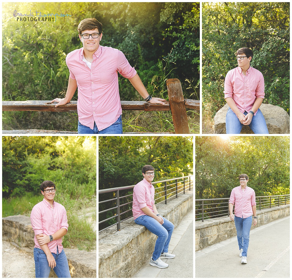 outdoor senior session with senior boy in pink shirt at arbor hills nature preserve in plano,tx
