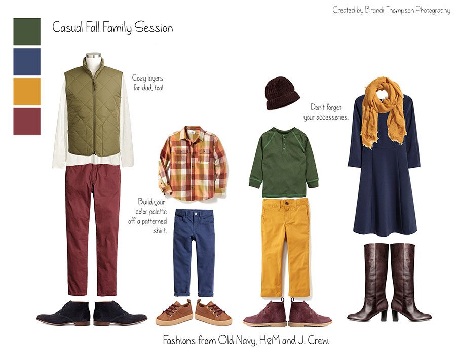 collage of fall toned family outfit inspiration for outdoor fall family photos in greens blues mustard and navy - plano family photographer