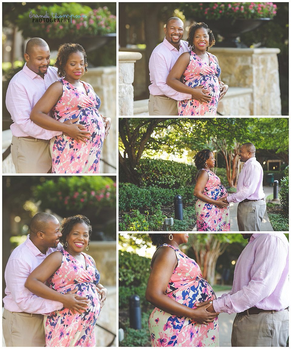 collage of outdoor maternity photos with a Black couple in tones of pink and tan - plano maternity photography