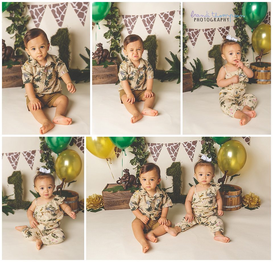 safari themed twin first birthday cake smash in studio with boy and girl twins with tan skin and dark hair - plano cake smash