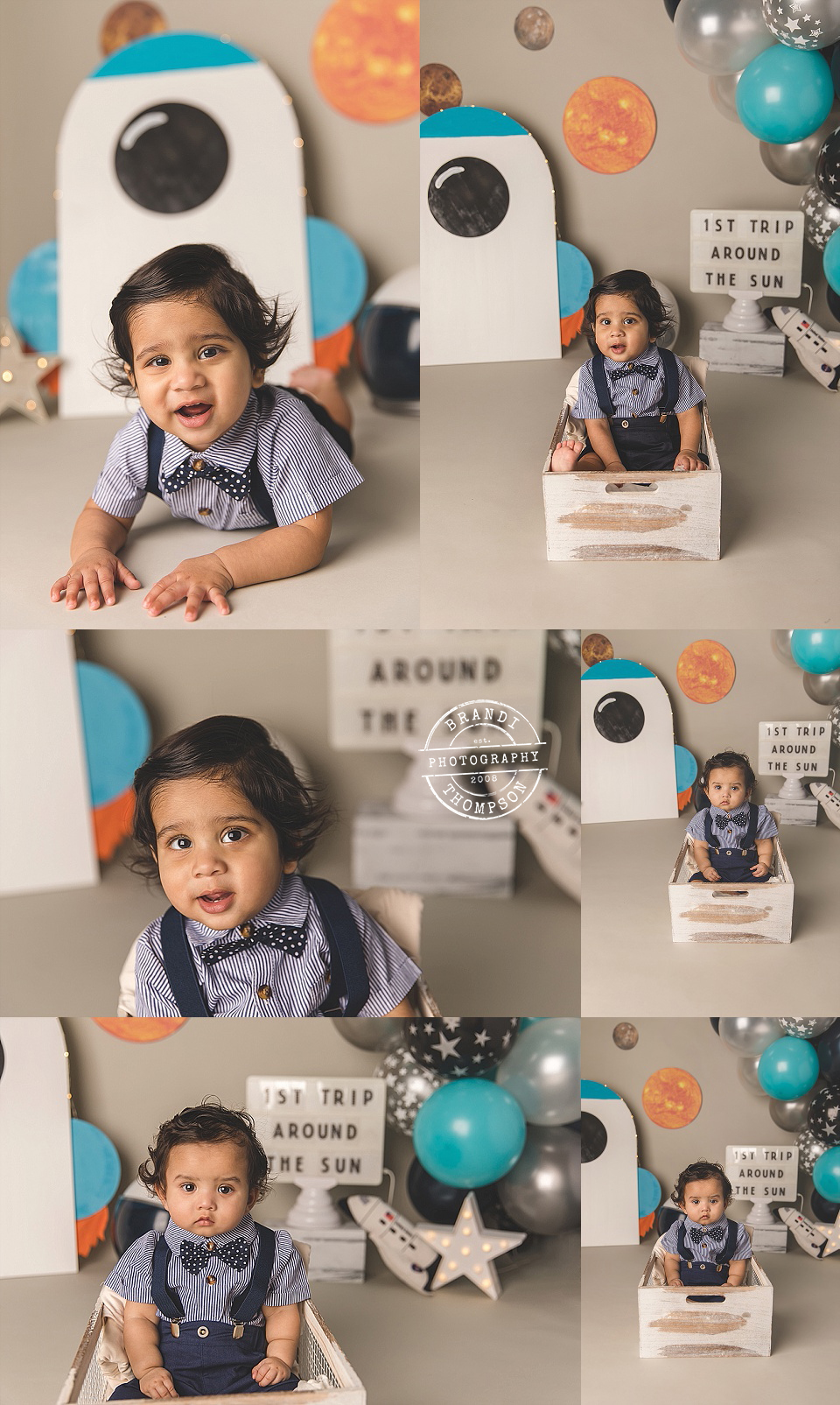 collage of twin cake smash - two one year old boys with dark hair, and a space themed background