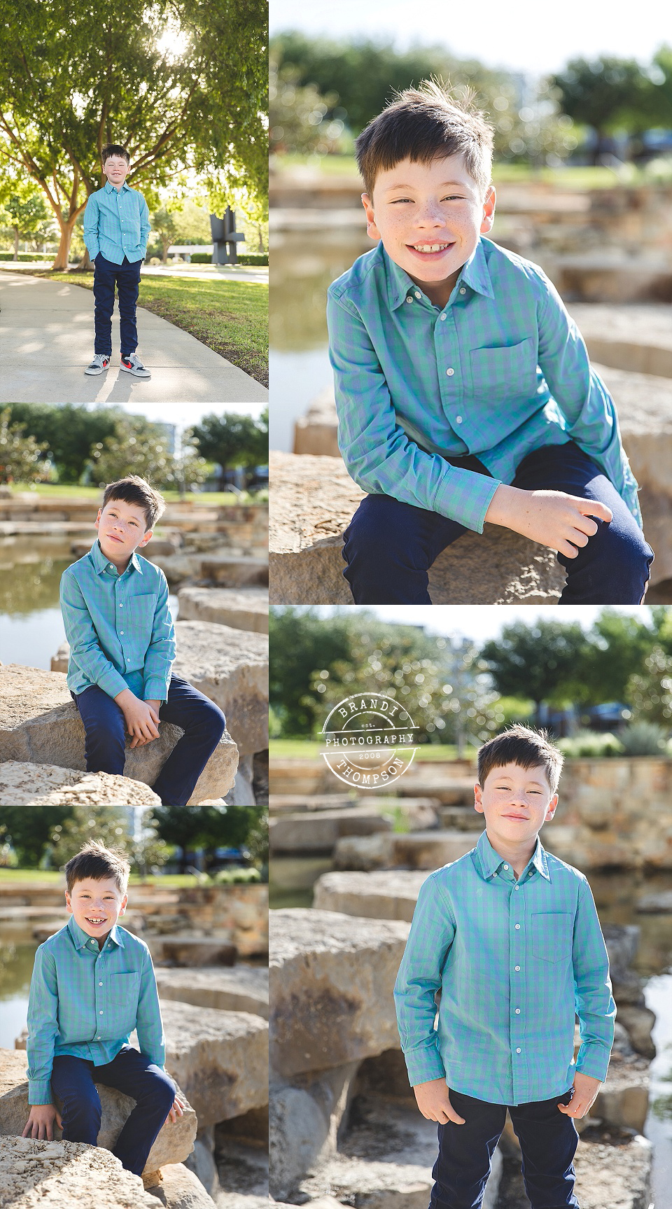 collage of outdoor child photography of a school age boy with light skin, brown hair and freckles in a blue shirt - frisco child photography