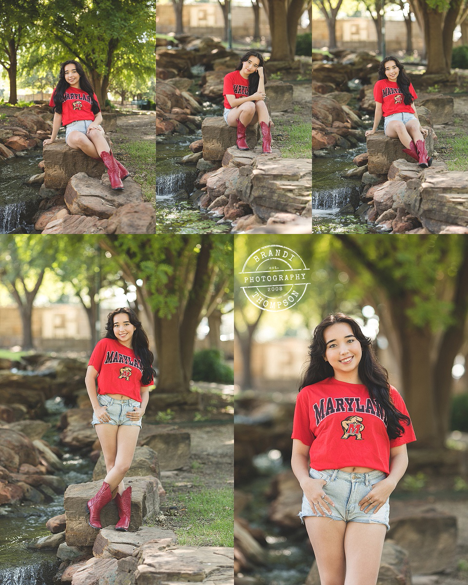 collage of outdoor senior photos with a teen girl with dark hair and light skin, in a red maryland college shirt and denim shorts with red boots. Frisco Senior Session