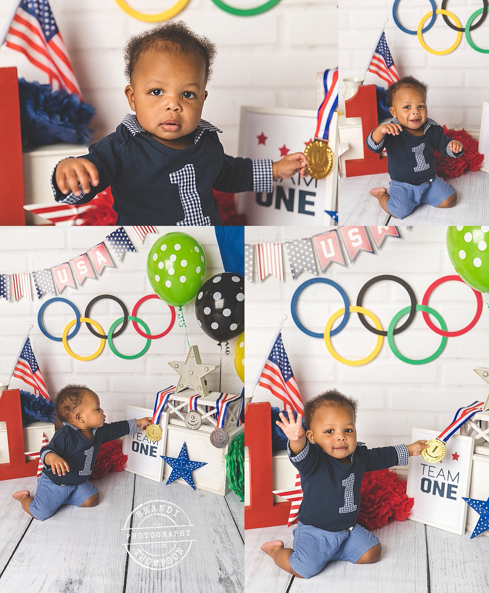collage of first birthday cake smash photos of Black one year old boy in blue, with a patriotic Olympic inspired set in plano, tx 
