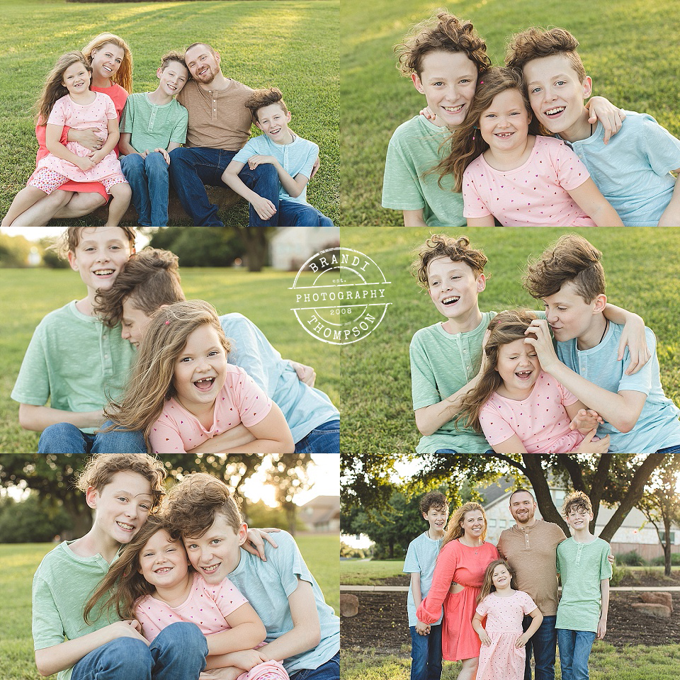 image collage of light skinned family of five with twin boys and younger girl, outside with green grass and trees - family photos