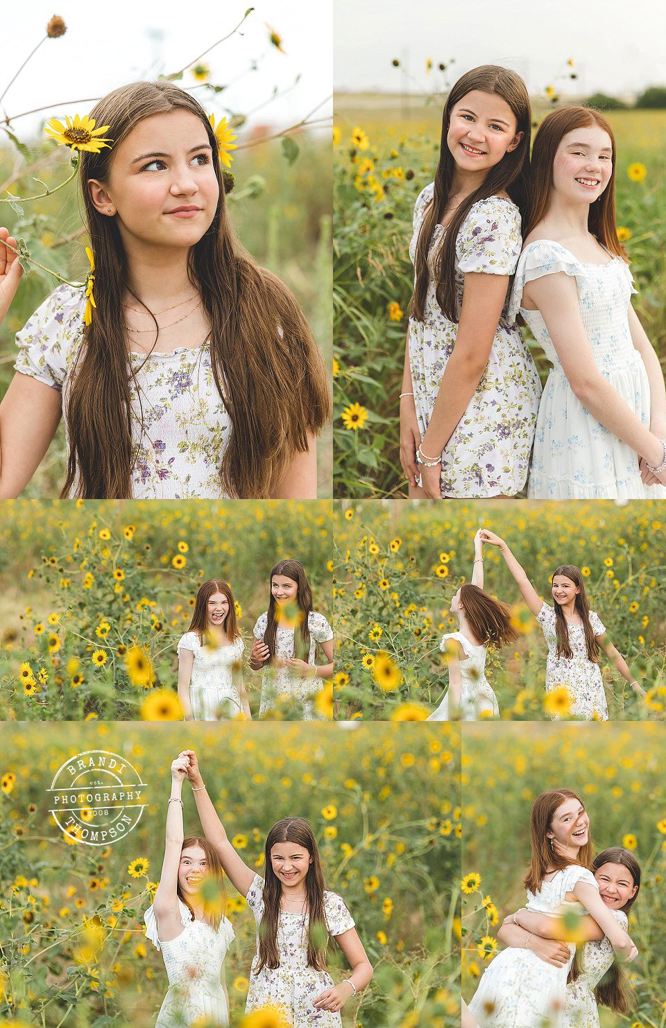 collage of photos of young teen/tween girls with light skin in a field of sunflowers. they are wearing white floral dresses. plano photographer brandi thompson