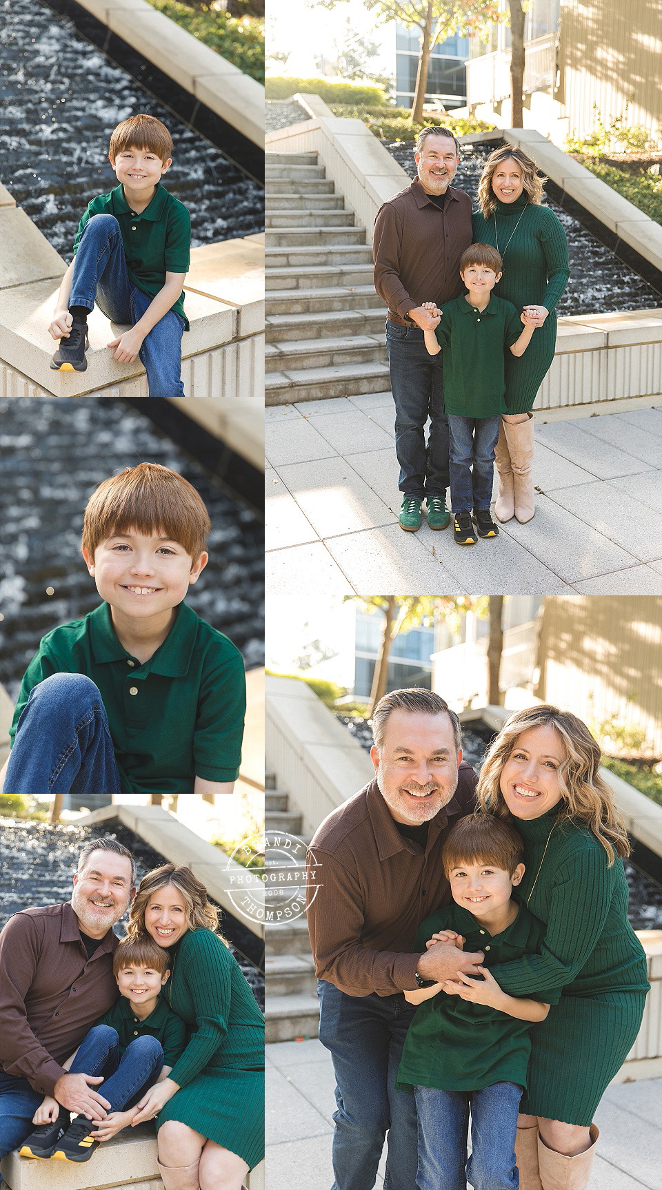 collage of fun family photos outdoors with family of three, in downtown dallas arts district 