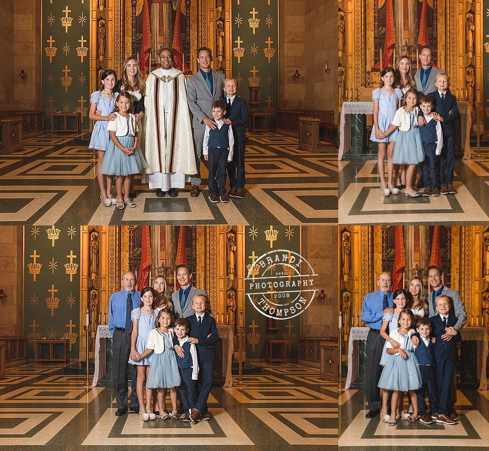 collage of photos of a family inside of a church with a gold and decorative background - dallas family photographer