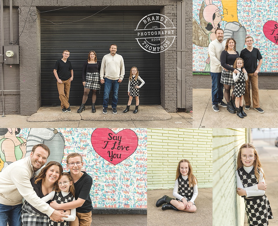 collage of dallas family session outdoors in deep ellum texas, with family of four - light skin with teen boy and school age girl