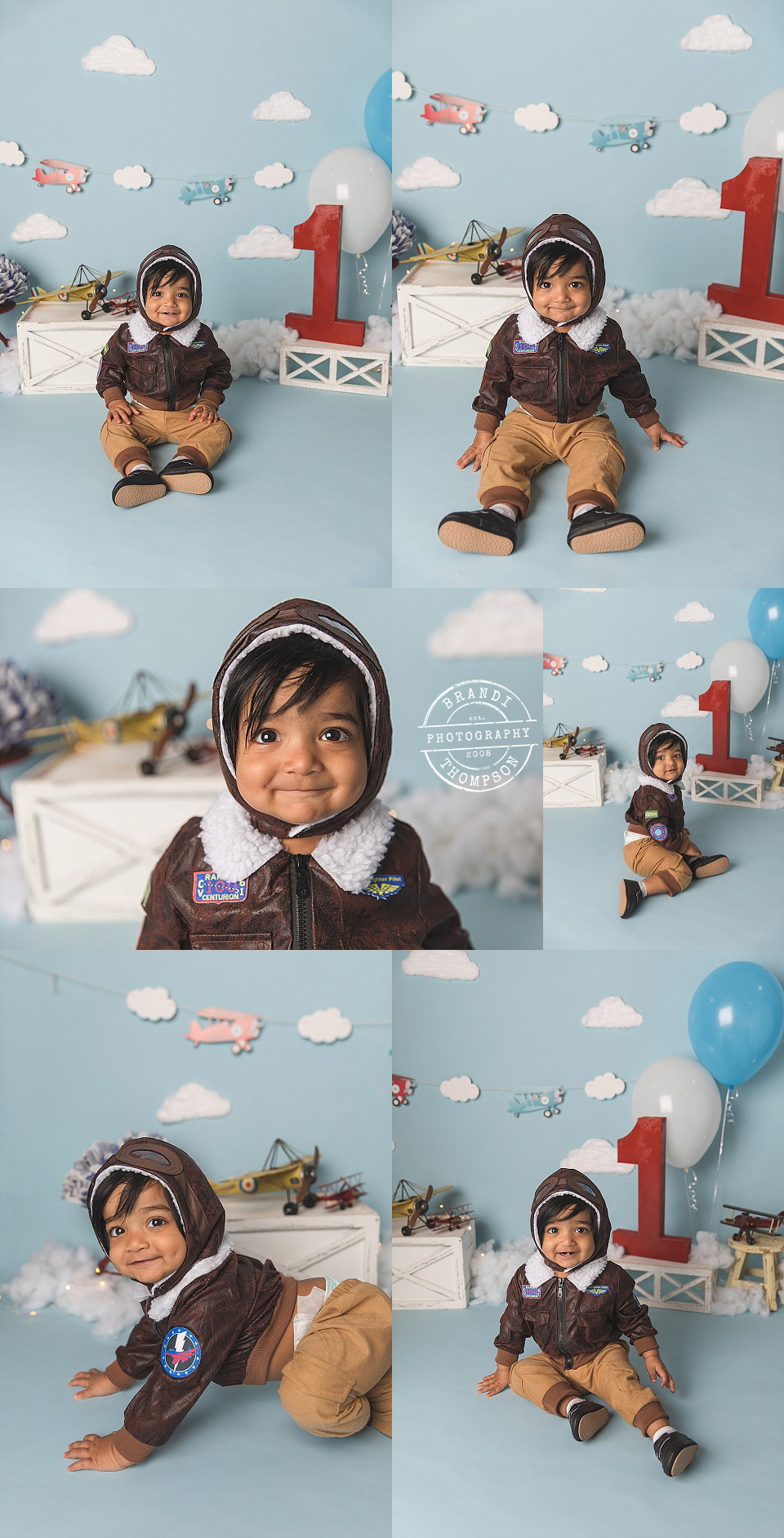 first birthday cake smash collage with blue plane and sky inspired studio set. One year old South Asian baby boy in Plano photo studio. 
