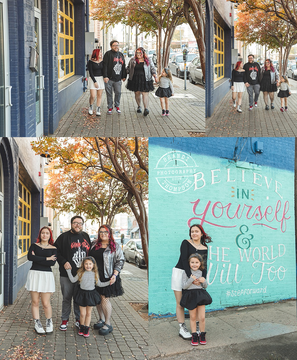 outdoor Dallas family photos with a family of four with punk, edgy style in deep ellum tx 