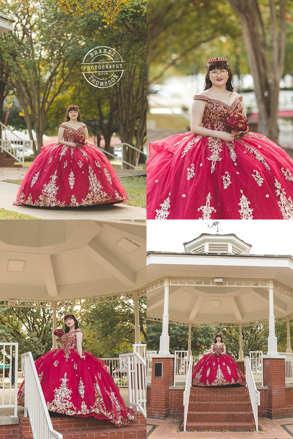 outdoor quinceañera photos of lighter skinned teen girl with dark hair, at haggard park, plano with gazebo and tree backgrounds
