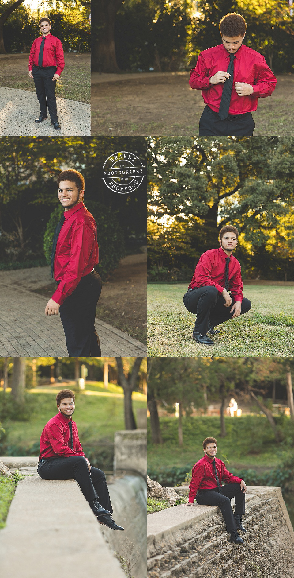 collage of outdoor senior session photos with senior boy in a park setting with medium brown skin and red and black outfit