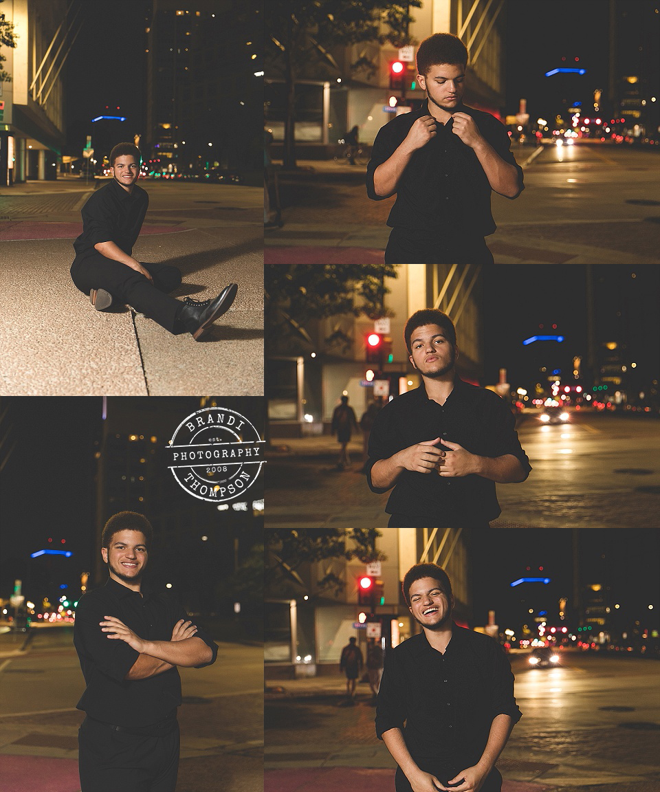 collage of downtown dallas senior session photos with senior boy after dark
