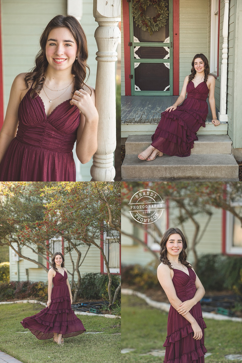 collage of senior session photos with a teenage girl with light skin and dark hair in a long burgundy dress in front of an old house and trees in Frisco TX