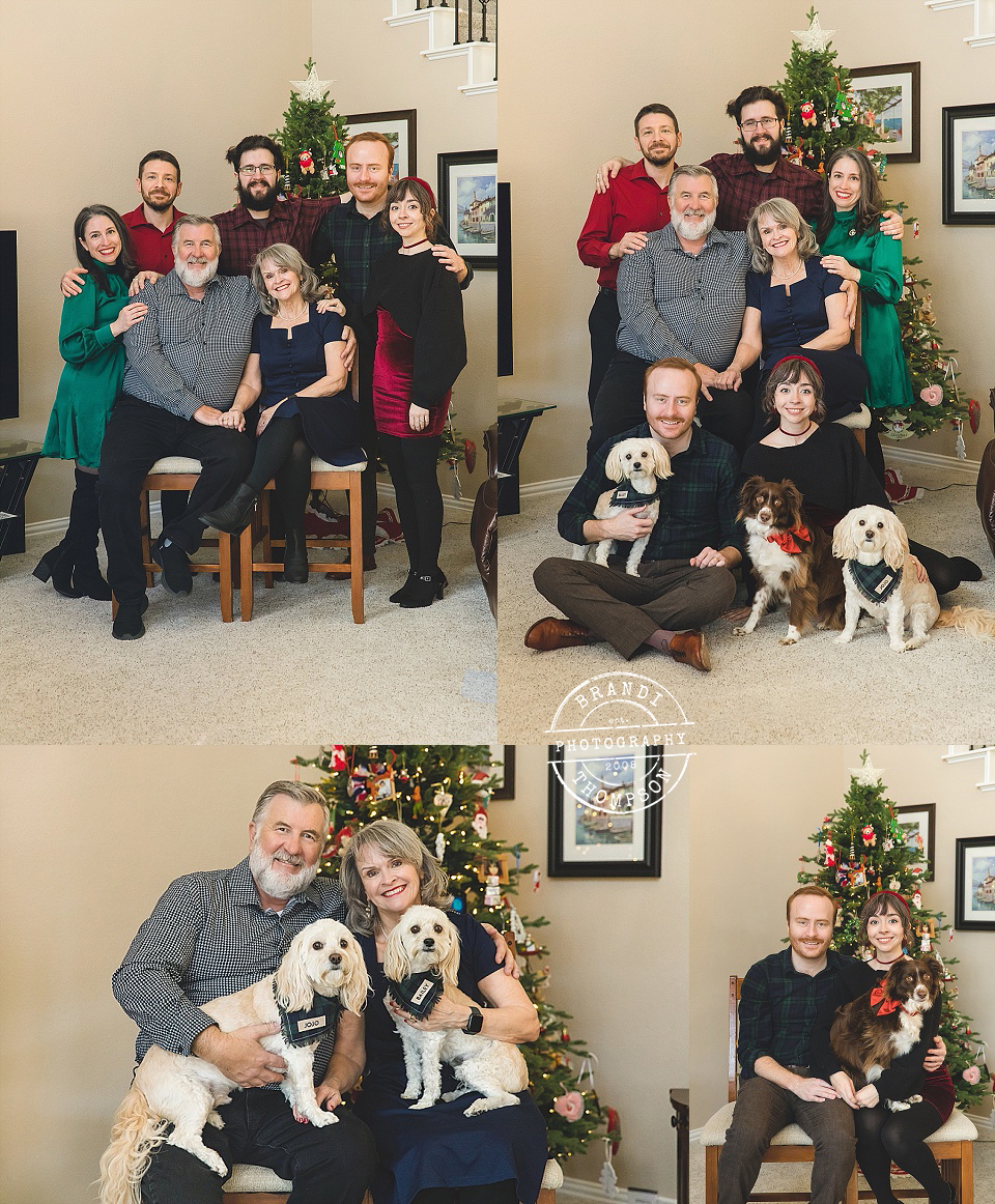 collage of adult family session photos with light skinned family - mom, dad and adult children and spouse, plus dogs inside in front of a christmas tree