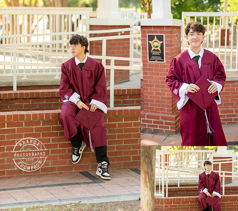 collage of a plano seniors outdoor cap and gown graduation photos at a red brick gazebo in haggard park plano tx