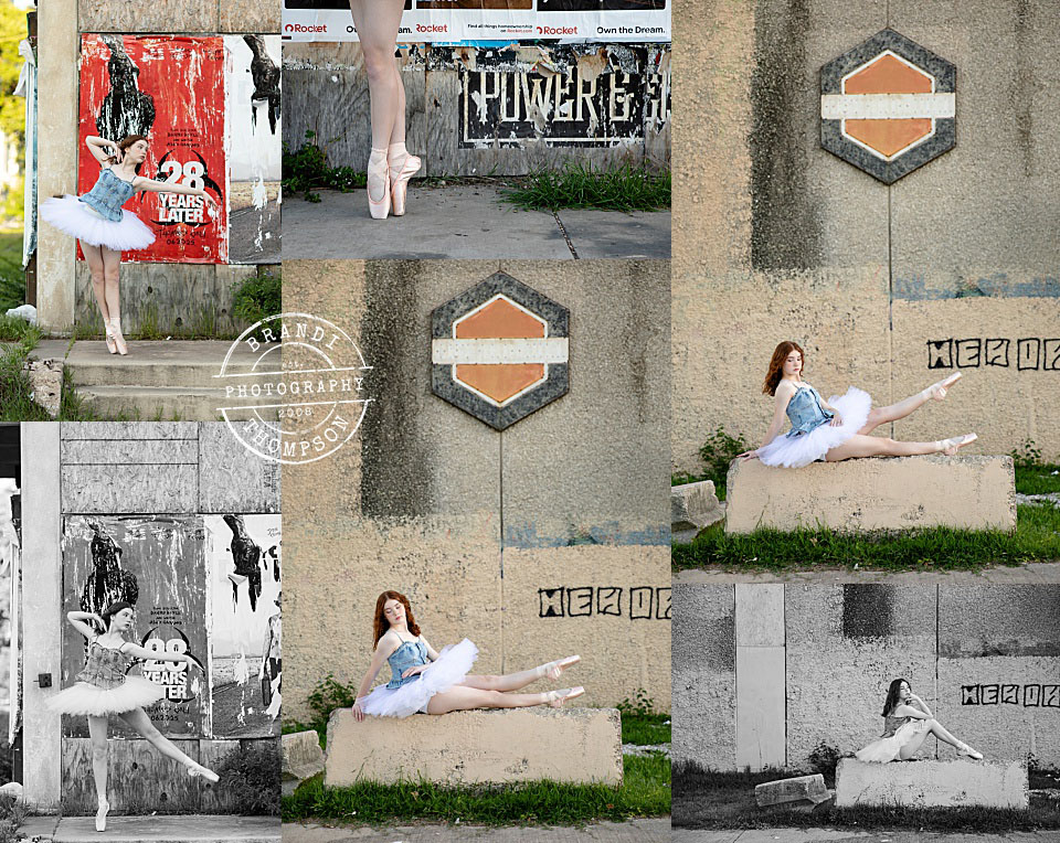 collage of outdoor urban dance photos with tween dancer in a tutu at a gritty building in dallas
