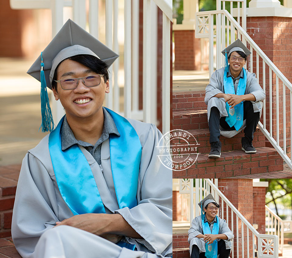 collage of photos of an Asian teenager in silver and blue cap and gown at a red brick gazebo - plano senior photography 