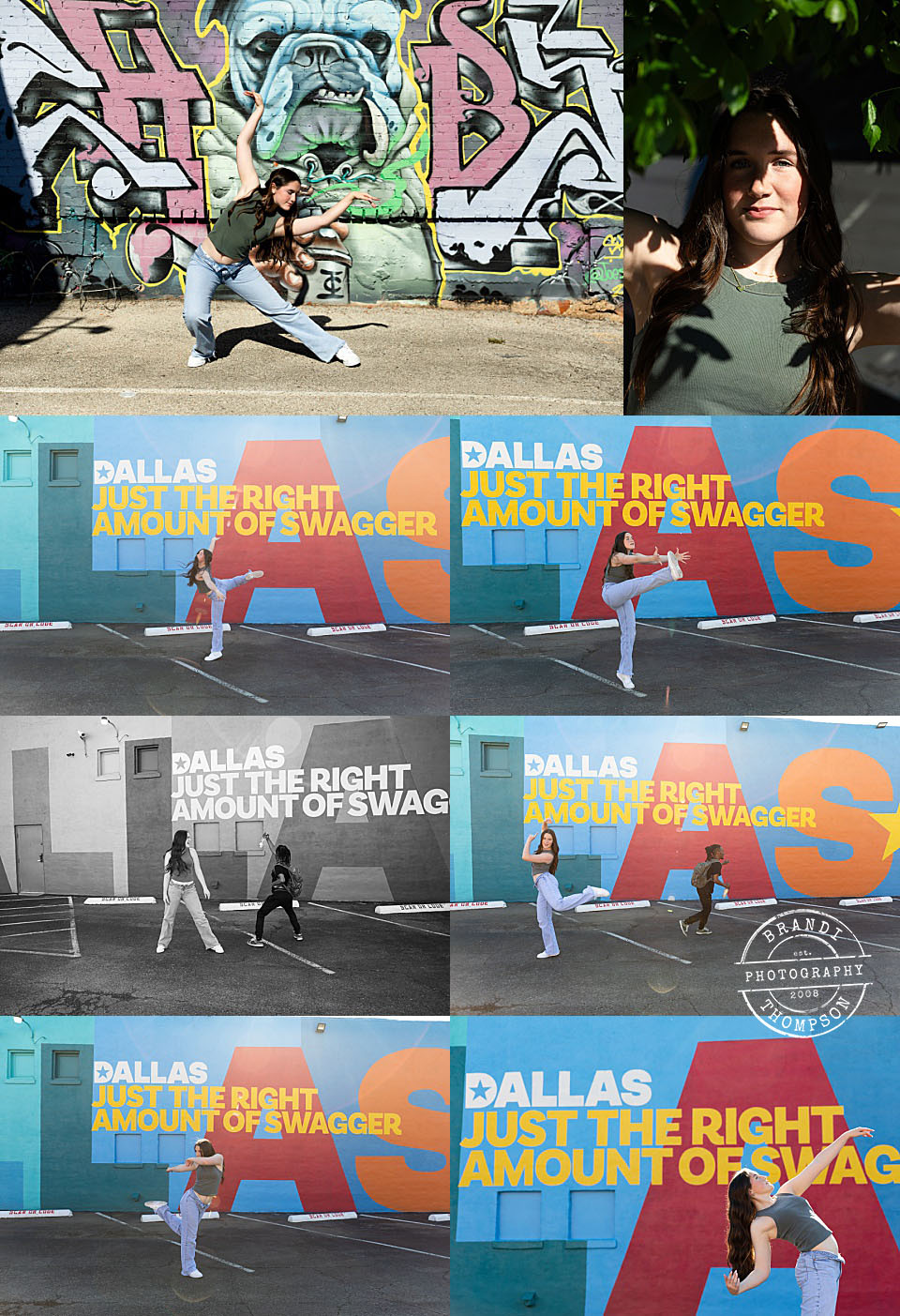collage of outdoor urban photos with colorful backdrops and a light skinned teen girl doing dance moves in jeans and a sleeveless top - dallas dance photography