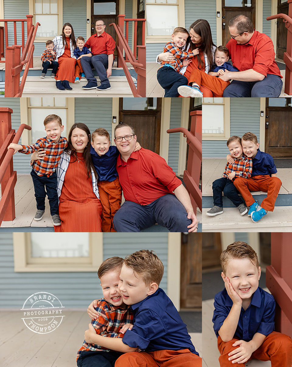 collage of photos of a family of four with light skin and dressed in shades of dark orange and navy. Two young boys with mom and dad on a porch of a historic building - Allen family photos