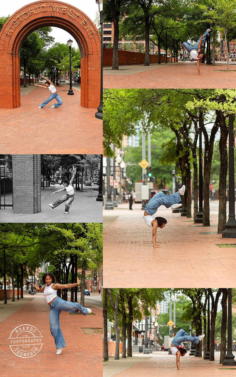 collage of photos of urban dance photography with young Black teen girl with red brick and trees in downtown Dallas