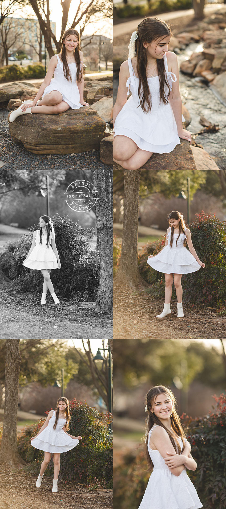 collage of outdoor photos of a light skinned teenage girl with long brown hair, wearing a white dress and white boots - plano freshman photography