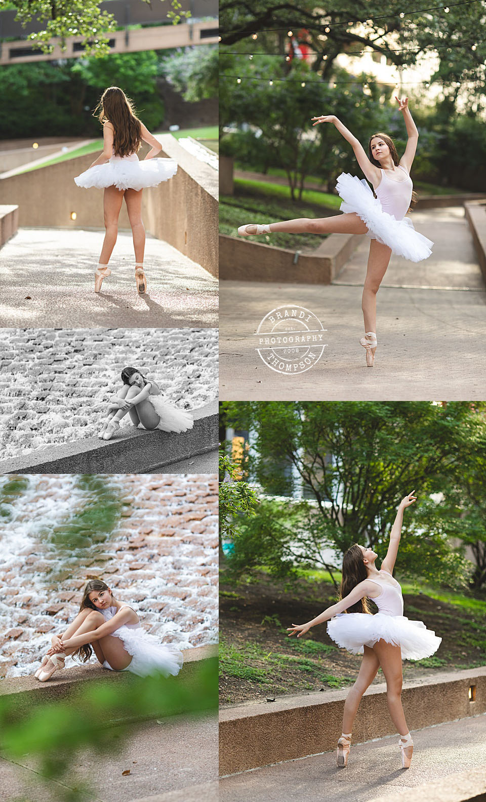 collage of outdoor dance photos with light skinned young teenage girl in pink tank top and white platter style tutu - dallas ballet photography