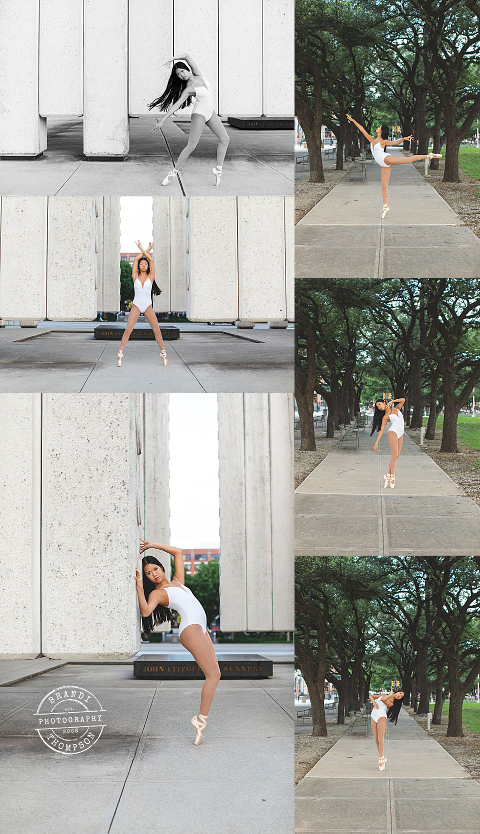 collage of outdoor dance photos with teenage Asian girl with long, dark hair, in leotard and pointe shoes - Dallas dance session