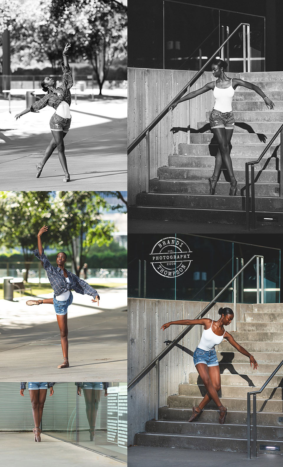 Collage of outdoor dance photos with Black teenage girl in pointe shoes - Dallas Dance Session