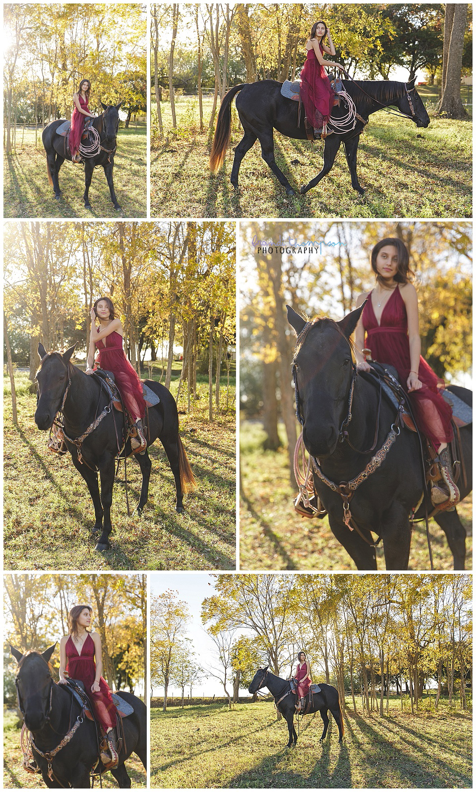a collage of photos of a tan skinned teenage girl with dark hair on a brown horse while wearing a long, dark red dress with sunshine and trees behind her - senior session