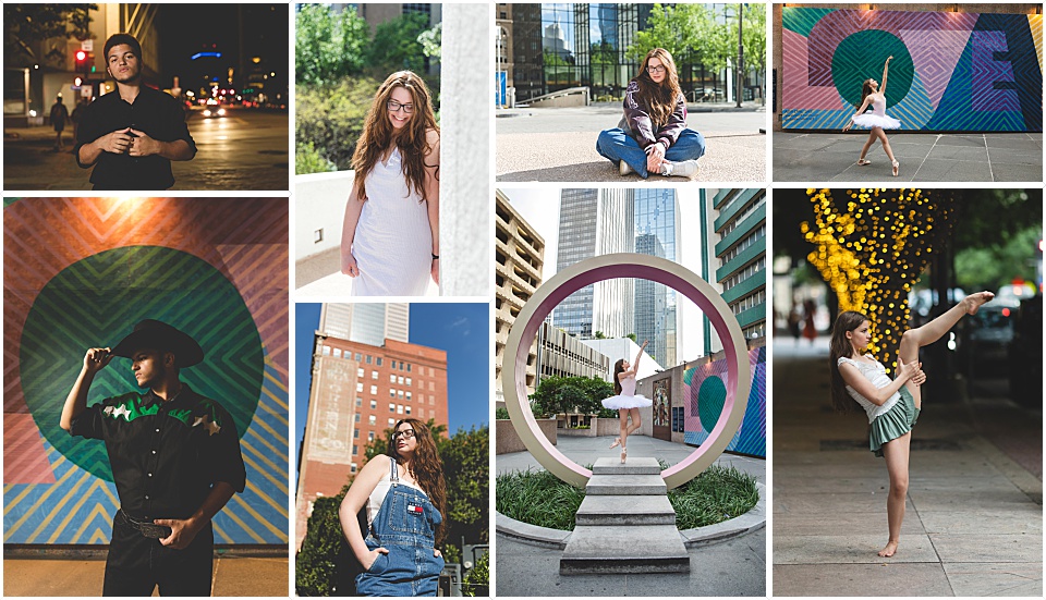 collage of photos taken at thanksgiving square in dallas, tx - cityscape including murals, nighttime lights, a large round circle sculpture and buildings
