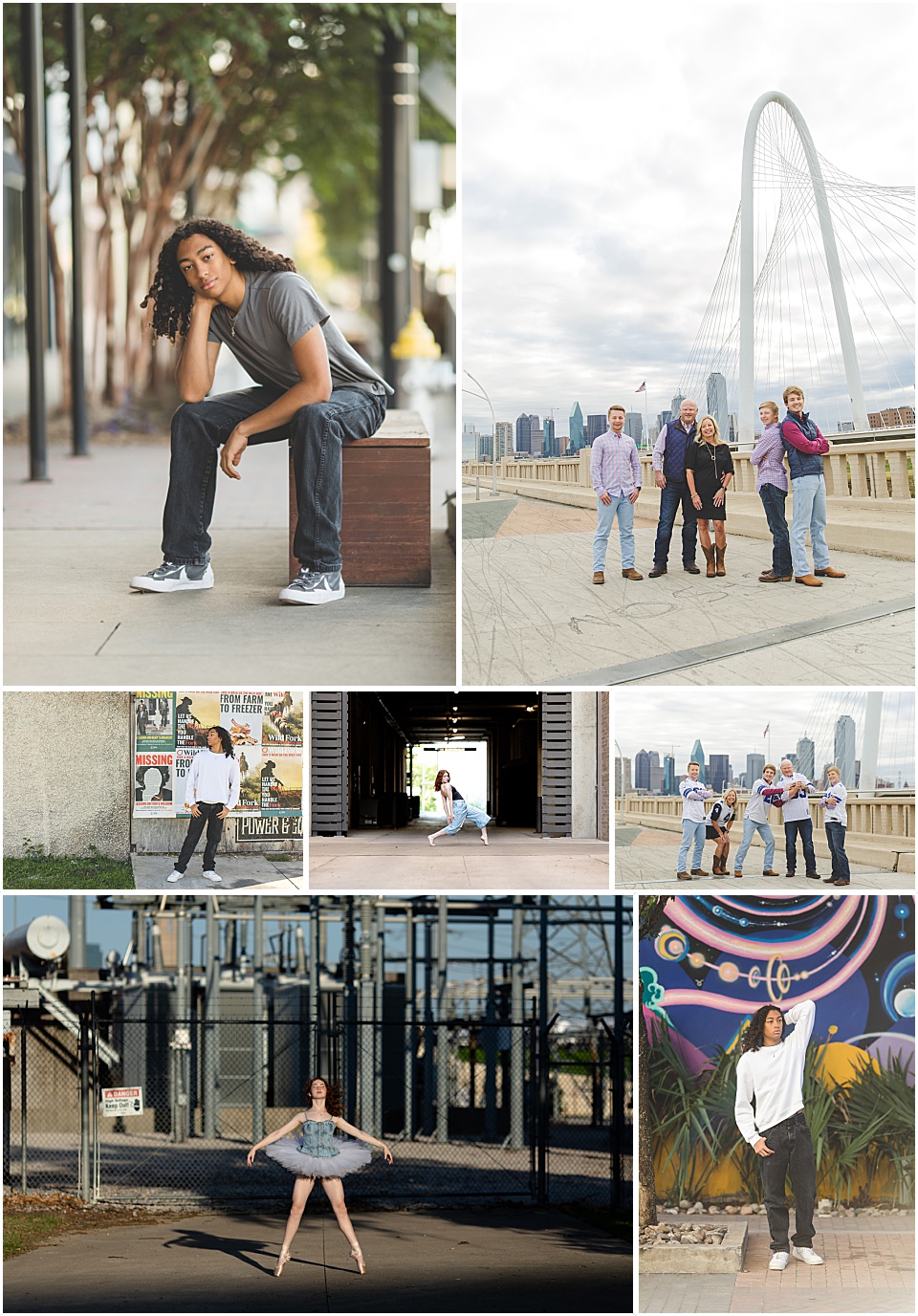 a collage of photos taken at trinity groves downtown Dallas with a white curved bridge, side walks, industrial spaces, and murals