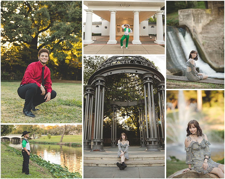 a collage of photos taken at turtle creek park in dallas with trees, greenery, a large creek and black gazebo