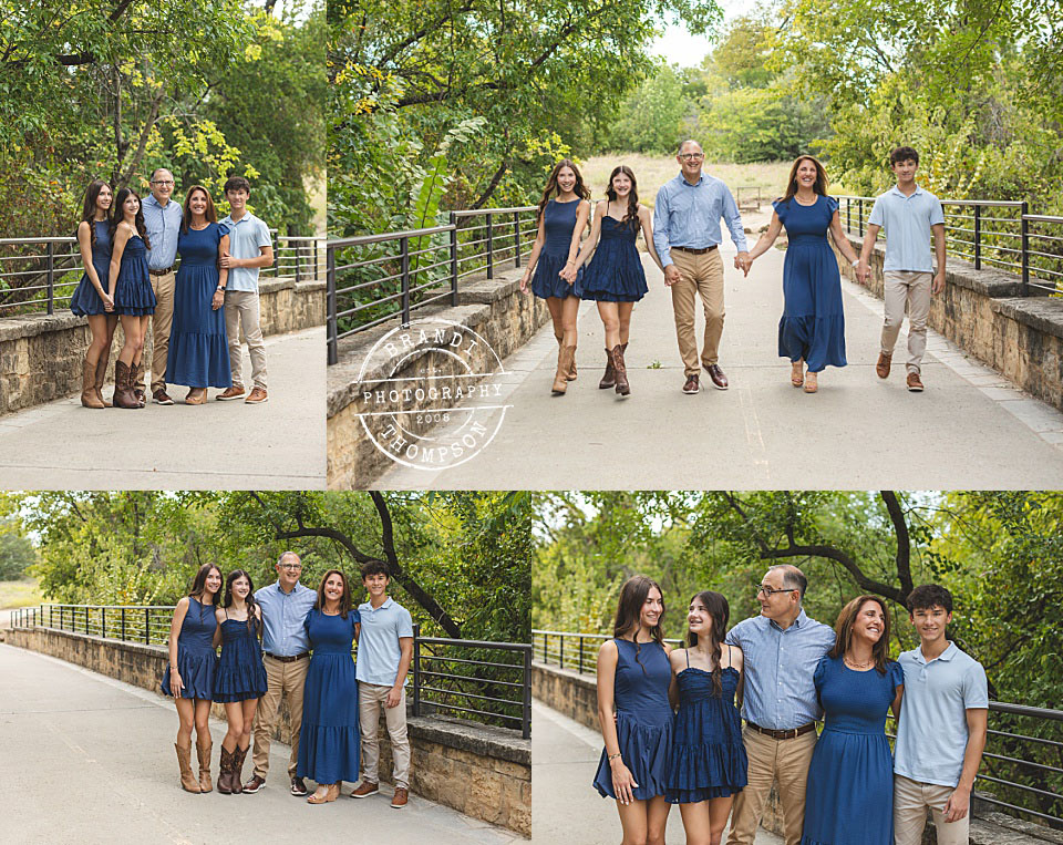 collage of family of five with mom, dad, and three teenage kids, dressed in a variety of blue clothing items - family photography in plano