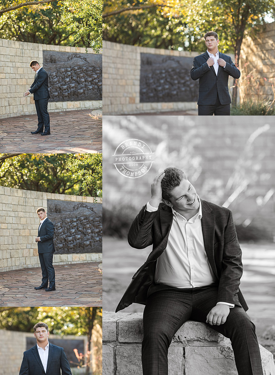collage of outdoor photos of a light skinned teenage boy in a black suit - frisco senior session