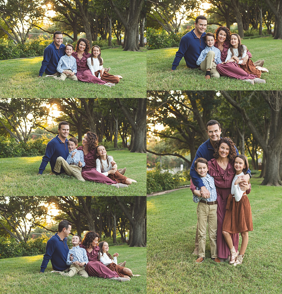 collage of outdoor family photos with light skinned family of four with a boy and girl school age kids - plano family photographer