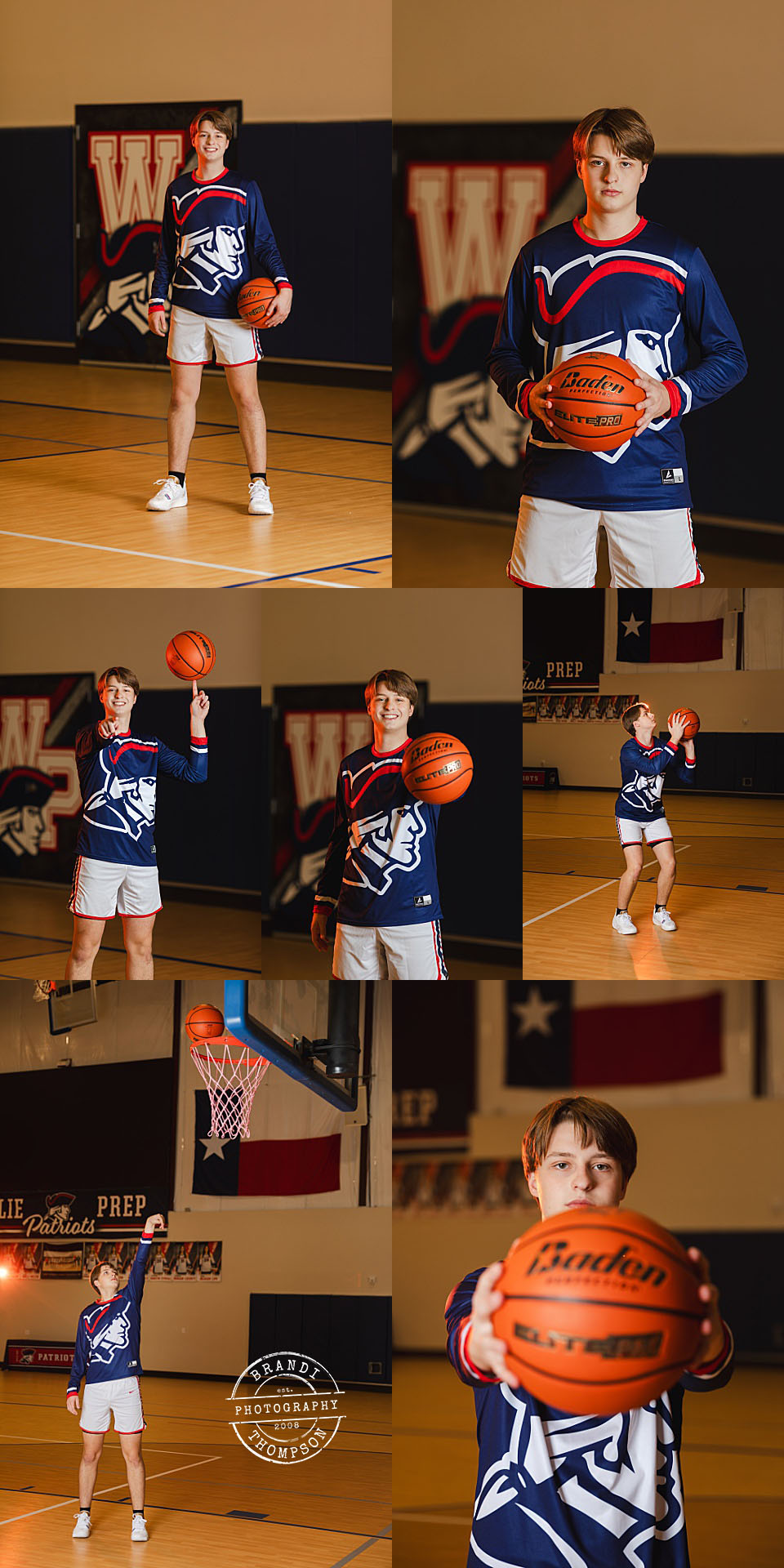 collage of photos of a light skinned senior boy in basketball clothing with a basketball in a court in various poses - wylie senior session