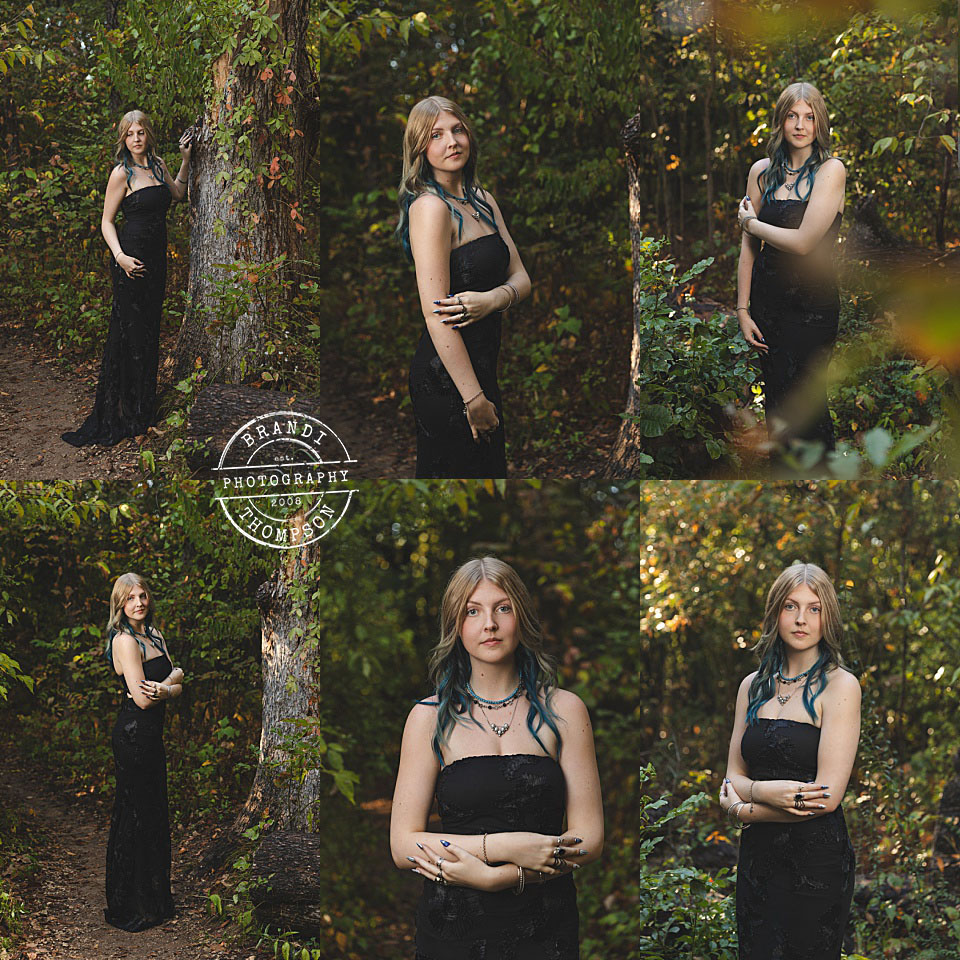 collage of moody senior photos outdoors in the woods with light skinned senior girl in a black dress - plano senior session