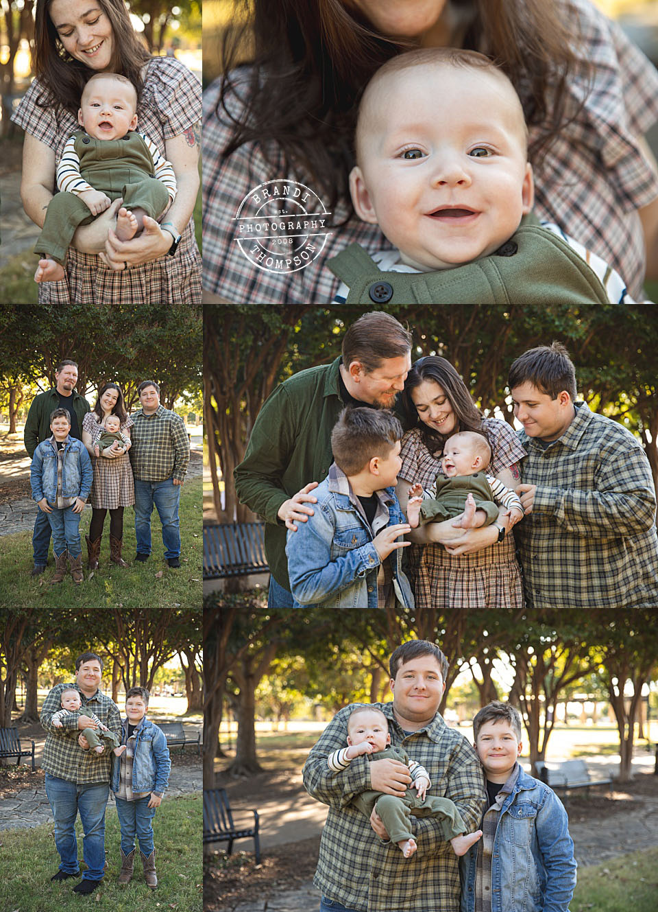 collage of six photos with different combos of a family of five outdoors in a park setting - addison family session