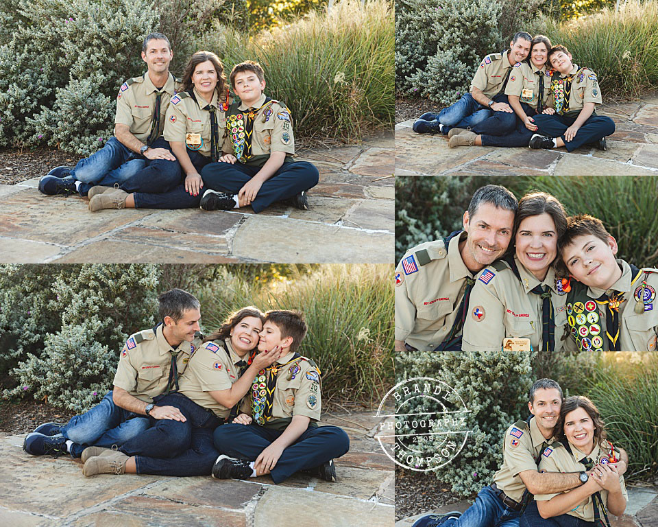 collage of outdoor family photos with a family of three dressed in boy scout uniforms - boy scout family session
