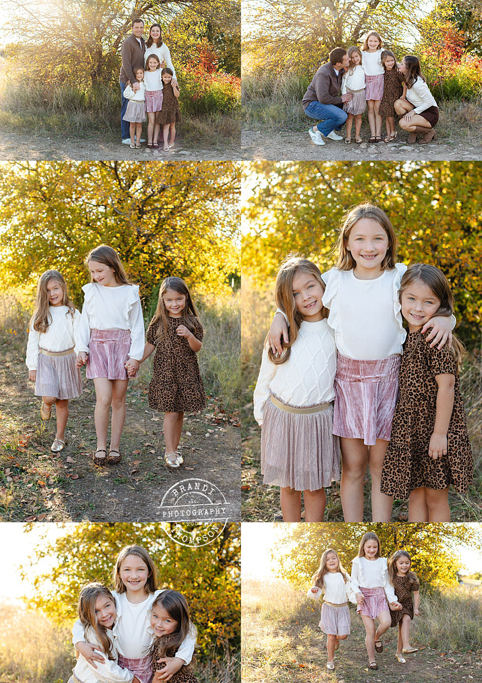 collage of outdoor natural fall family photos in plano, with three young girls and mom and dad in the fall sunshine