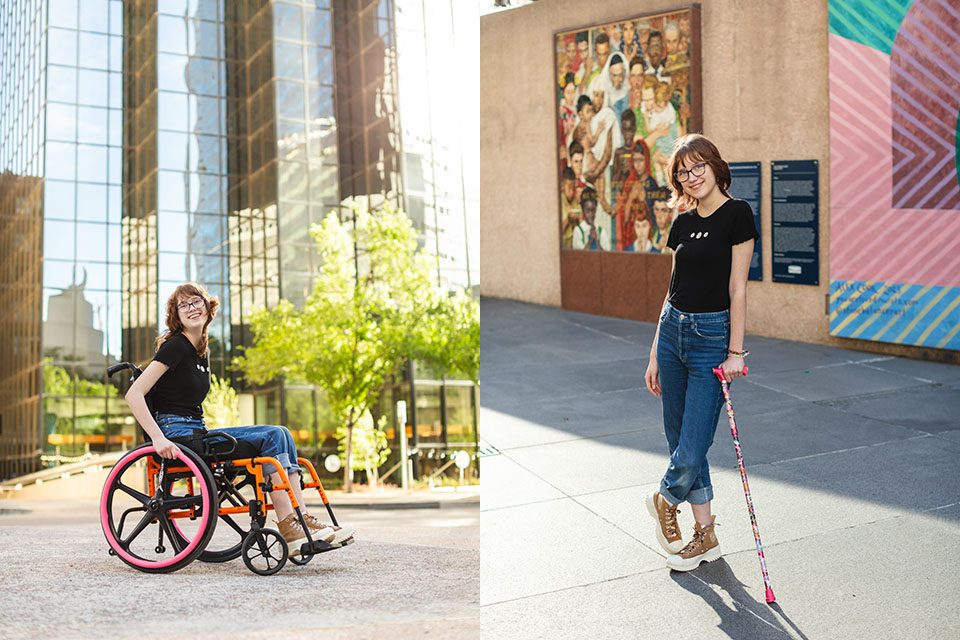 two photos of a teenager with mobility aids, a wheelchair and a cane, in downtown dallas senior photography