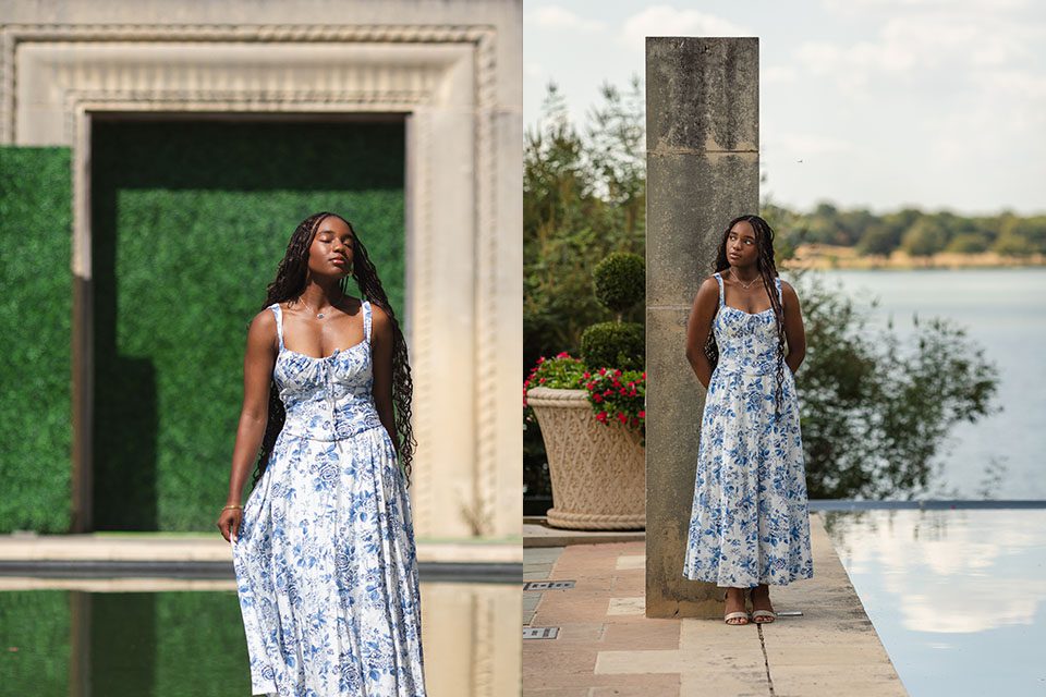 two photos of a Black teenage girl in a blue and white maxi dress at the Dallas Arboretum - Dallas Senior Photographer