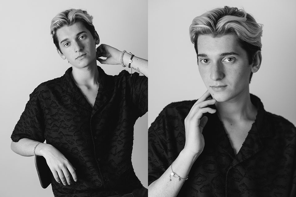 two black and white headshots of a young man with light skin and black shirt - plano personal branding