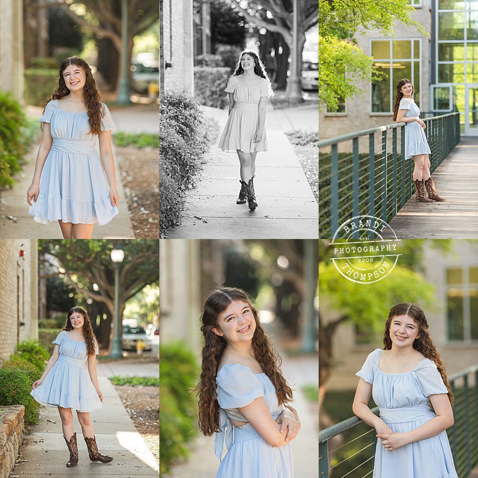 collage of outdoor photos of a senior session with teenage girl with light skin and long brown, curly hair wearing a blue dress