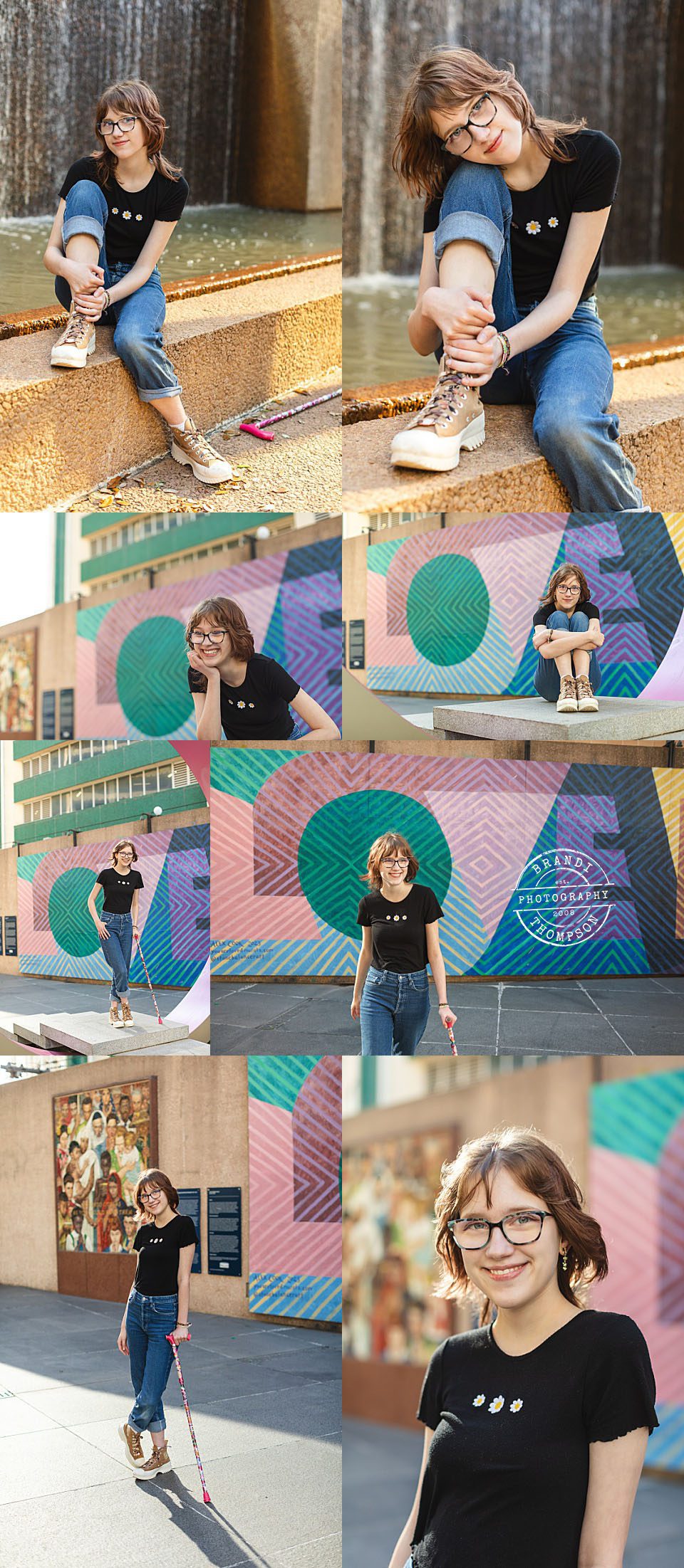 collage of tall, light skinned teen with a shag haircut and glasses , posing in an urban setting in a colorful senior session in downtown dallas