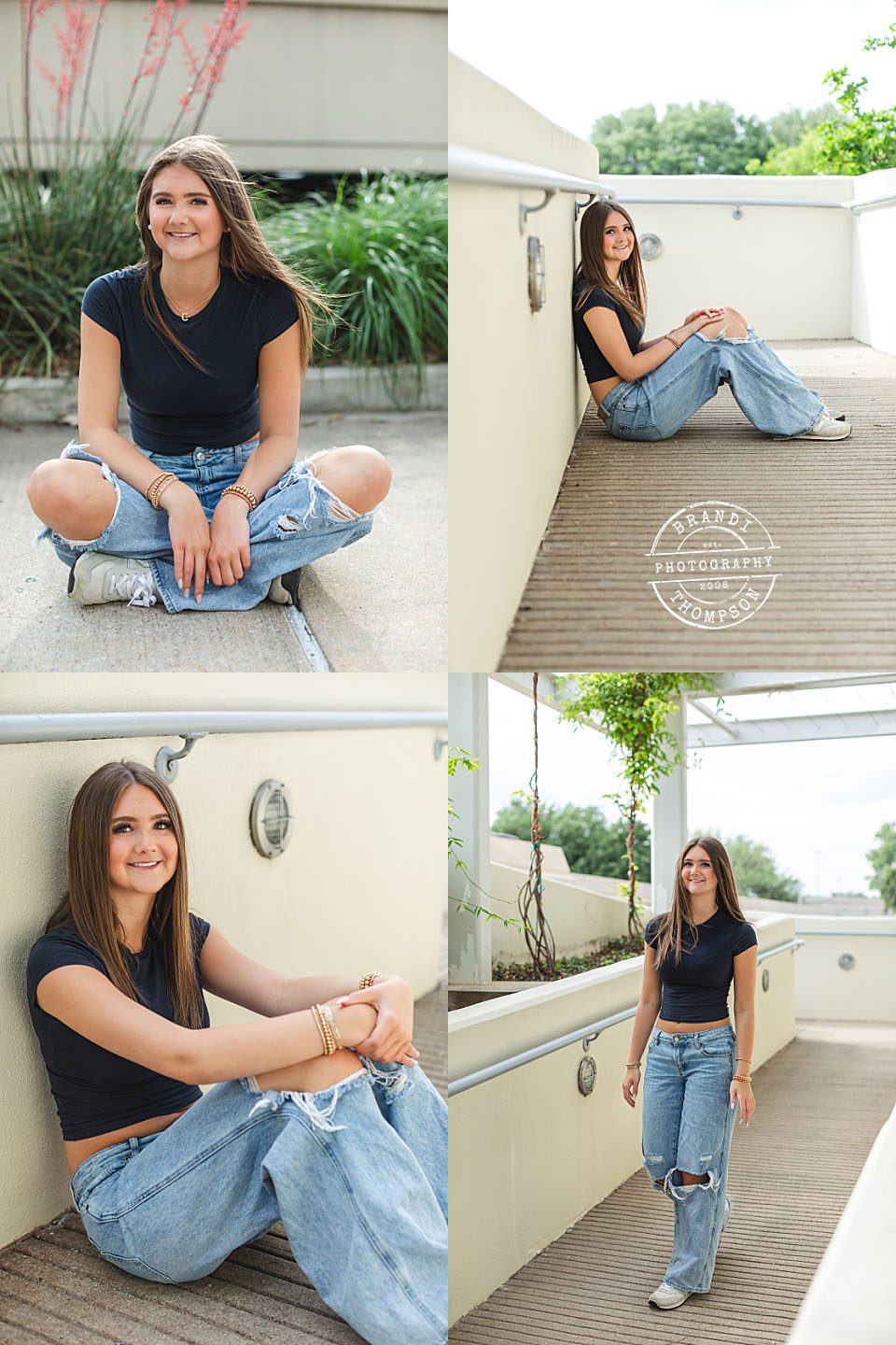 collage of outdoor photos near a parking garage of a light skinned teenage girl with long brown hair - Relaxed Teen Photo Session