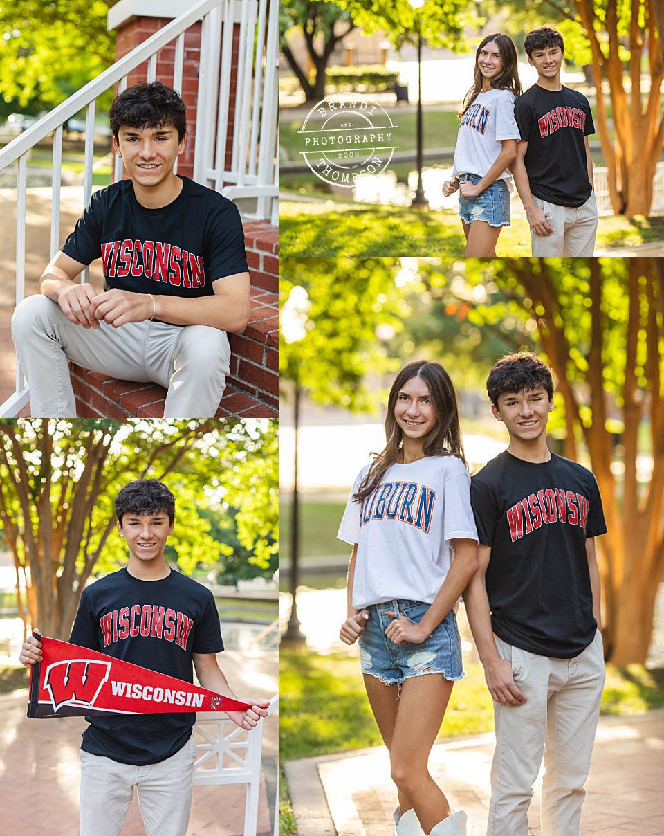collage of outdoor photos of high school, some of a boy alone and some with his sister - senior mini session