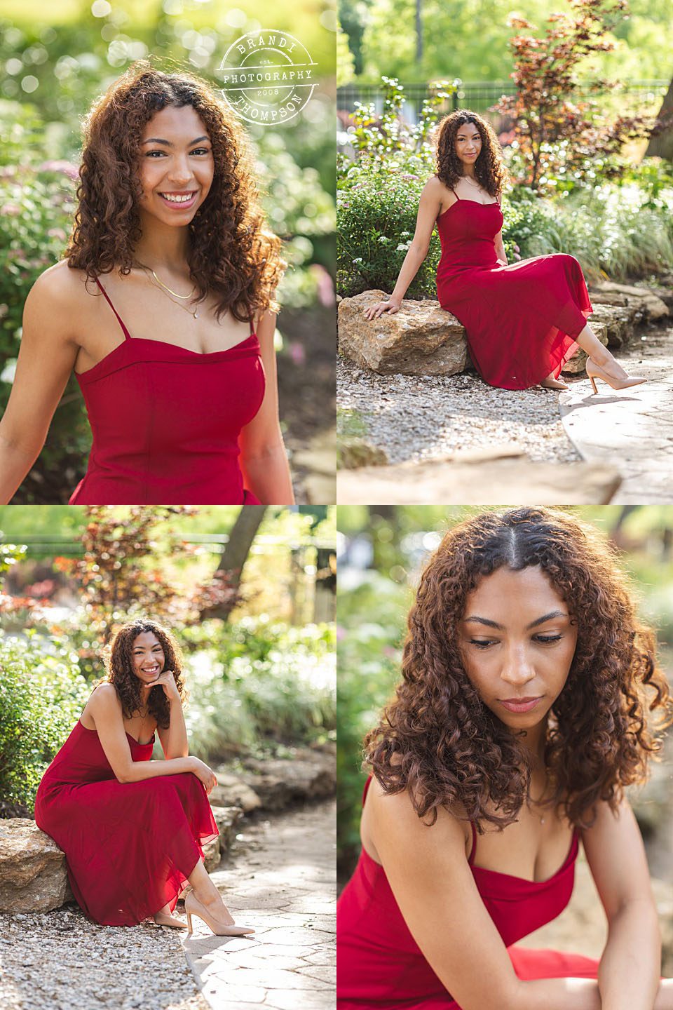 Collage of outdoor photos of a high school senior girl with brown skin and curly hair in a red dress - magical senior session in grapevine